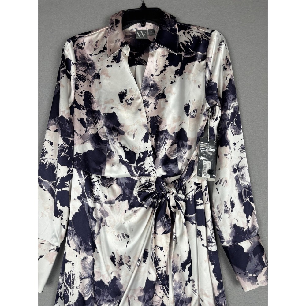 Worthington Shirt Dress Womens XS Multicolor Floral Satin Wrap Midi Tie Waist - Picture 8 of 16